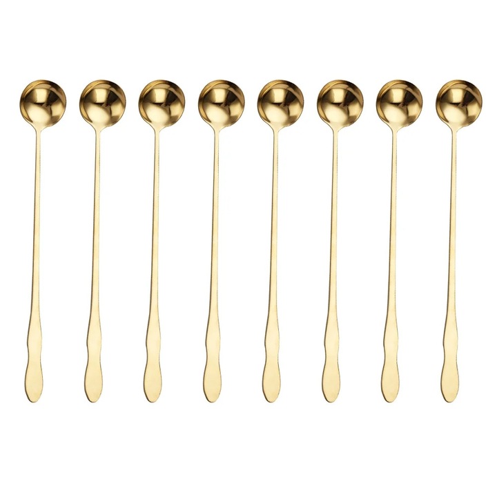 Set 8 linguri inox, maner lung, aurii, 25.5cm