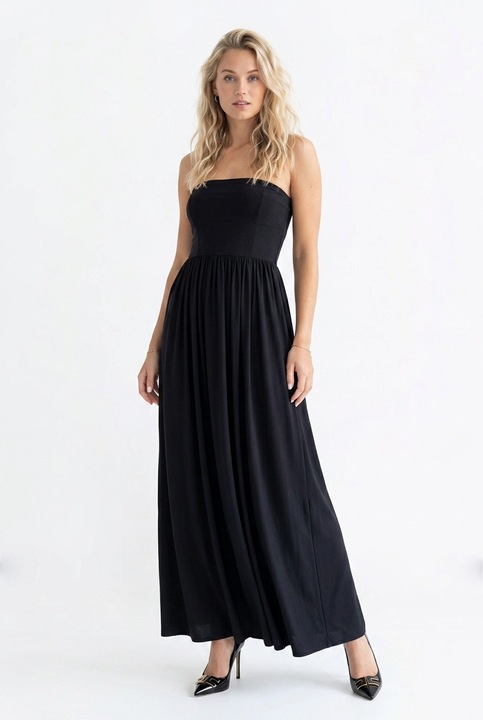 Rochie cocktail eleganta maxi, fara maneci, croiala dreapta, de tip tub, cu decolteu drept - M1344, Negru