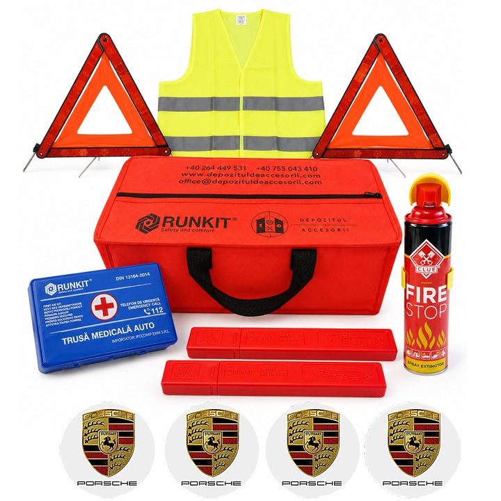 Kit siguranta auto RUNKIT cu stingator tip spray 1000 ml, trusa medicala DIN 13164 certificata RAR, 2 triunghiuri omologate, vesta reflectorizanta si geanta rosie, 4x Stickere auto Porsche