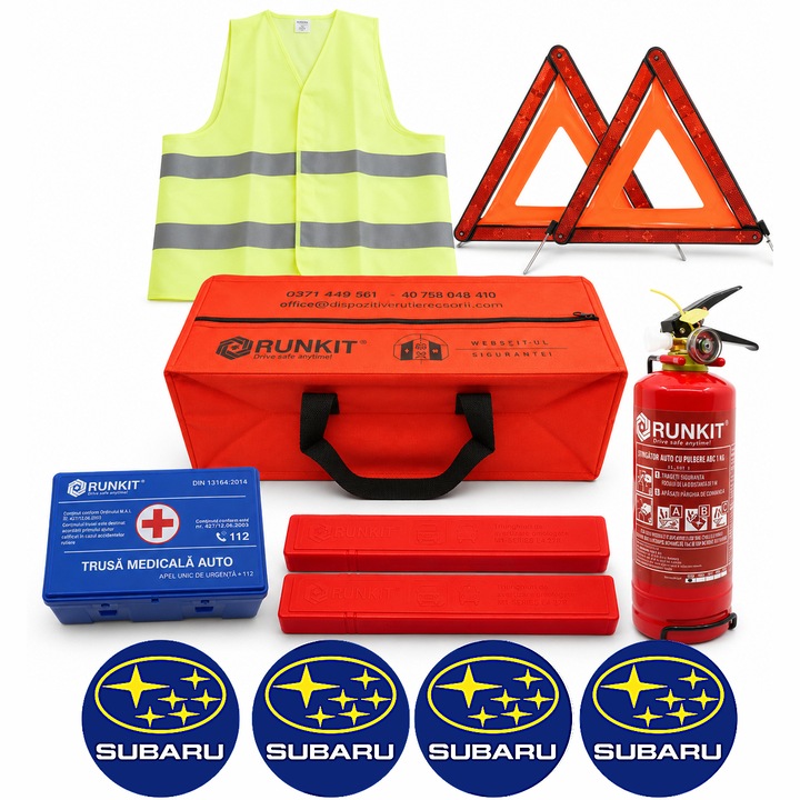 Kit siguranta auto RUNKIT cu stingator cu pulbere ABC reincarcabil P1 cu manometru 1kg, trusa medicala DIN 13164 certificata RAR, 2 triunghiuri omologate, vesta reflectorizanta si geanta rosie, 4x Stickere auto Subaru