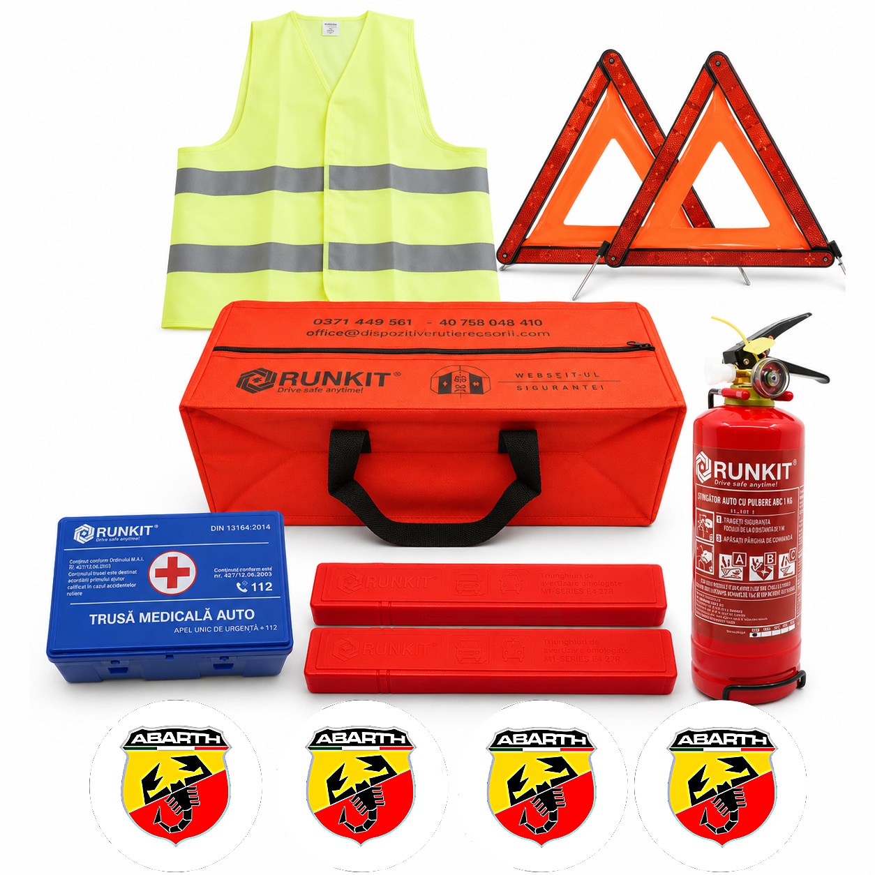 Kit siguranta auto RUNKIT cu stingator cu pulbere ABC reincarcabil