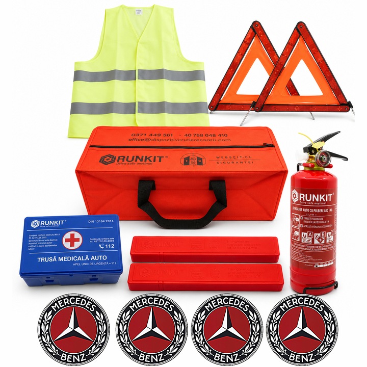 Kit siguranta auto RUNKIT cu stingator cu pulbere ABC reincarcabil P1 cu manometru 1kg, trusa medicala DIN 13164 certificata RAR, 2 triunghiuri omologate, vesta reflectorizanta si geanta rosie, 4x Stickere auto Mercedes-Benz
