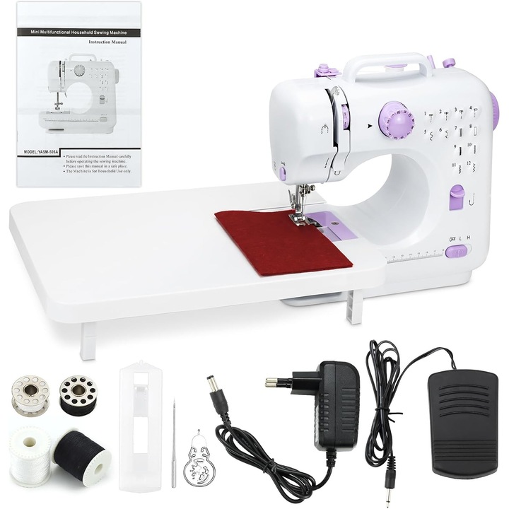 Masina de cusut electrica manuala pentru incepatori, cadou instrument DIY, 12 modele automate de cusut, viteza reglabila, 2 metode de incarcare cu pedala si accesorii
