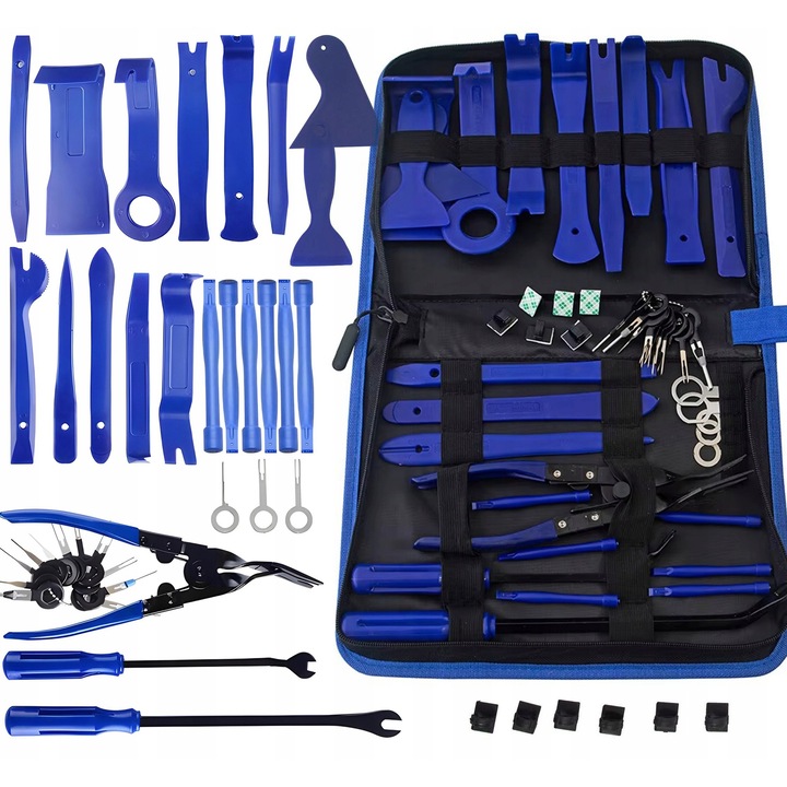 Set albastru 46 piese extractoare pentru tapiterie auto, 32 x 23 x 5 cm, unelte demontare panouri, cleme, radio si ornamente, husa transport