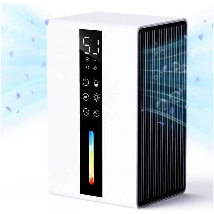 Dezumidificator de aer anti-mucegai de 48 W, rezervor de apa de 1, 8 l - Dezumidificator electric cu doua viteze, sistem integrat de protectie impotriva inghetului, temporizator de 48 de ore si iluminare RGB, conceput pentru spatii mici