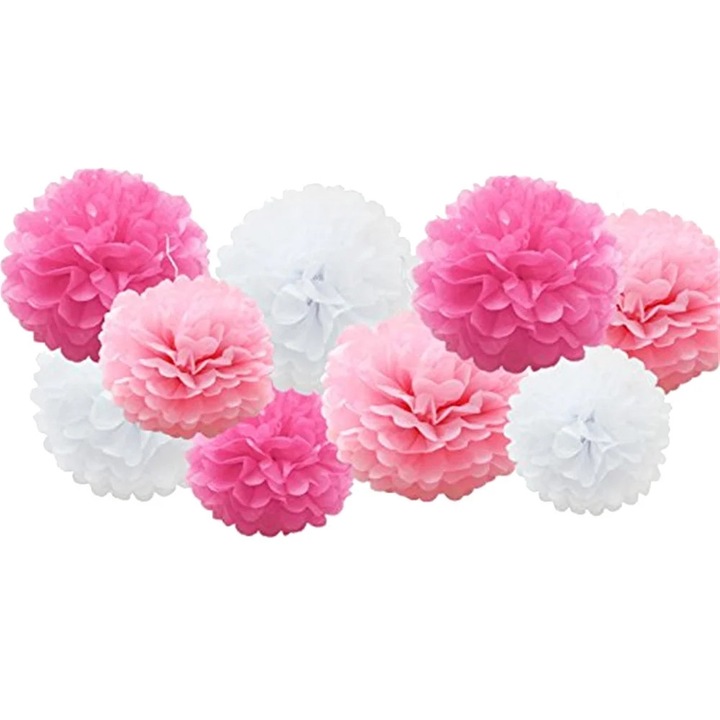 Pompoane din hartie YANYXR BCS3142338, flori puf din tissue, roz/alb (multicolor), 20,3 cm, set 9 buc