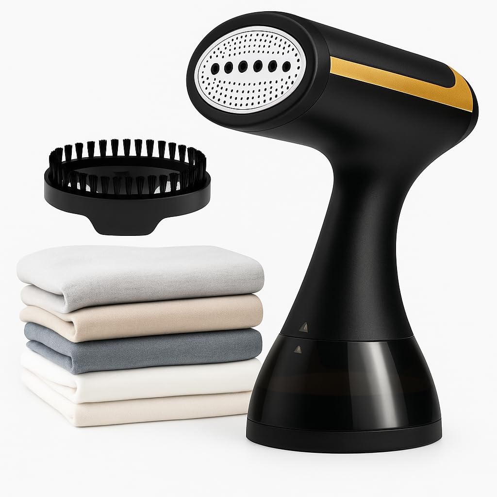 Aparat de calcat cu abur portabil de 1500 W – Rezervor de apa de 300 ml – Incalzire rapida si compact – Aparat de calcat cu abur portabil puternic pentru haine, camasi, rochii, perdele – Ideal pentru calatorii si uz casnic – Negru si auriu