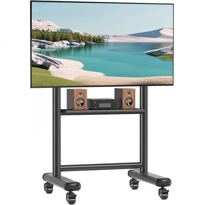 Stand / Suport TV profesional ELTEK®, mobil, reglabil inaltime, diagonala 60"-86" (152cm-218cm), raft echipamente integrat, greutate maxima sustinuta 68 kg, VESA maxim 800 × 600, otel, negru