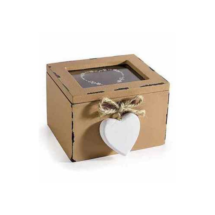Cutie pliculete ceai sticla lemn maro vintage 10 x 9, 5 x 7 H