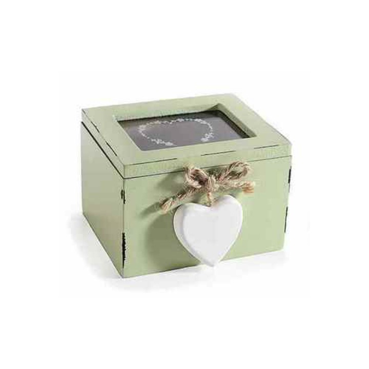 Cutie pliculete ceai sticla lemn verde vintage 10 x 9, 5 x 7 H