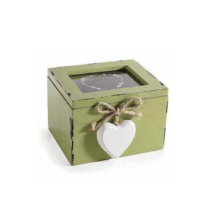 Cutie pliculete ceai sticla lemn verde vintage II 10 x 9, 5 x 7 H