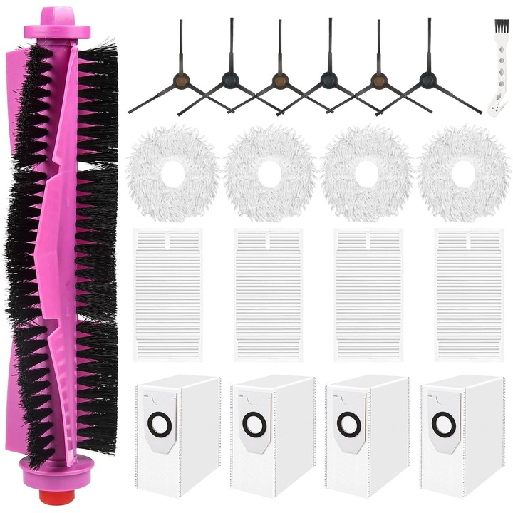 20 de accesorii pentru aspiratorul robot Eureka J12 Ultra, piese de schimb inclusiv 1 perie principala, 4 filtre HEPA, 4 lavete de curatare, 6 perii laterale, 4 saci de praf, 1 perie de curatare