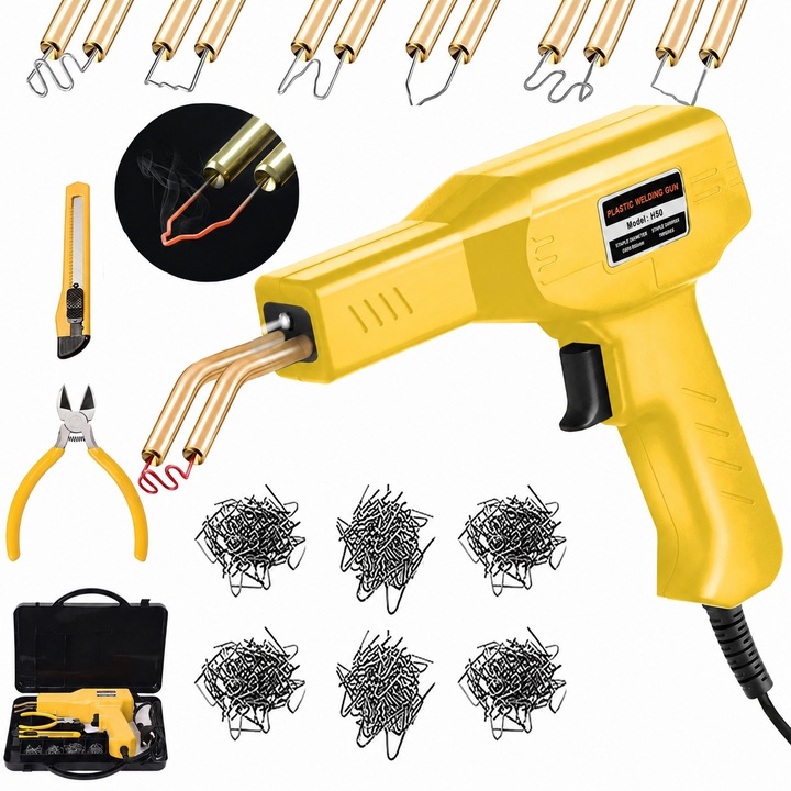 Set pistol de lipit plastic si cuie termofuzibile, KAVRIX, sudare plastic, repararea fisurilor din plastic, cu lampa LED, putere 50 W, galben