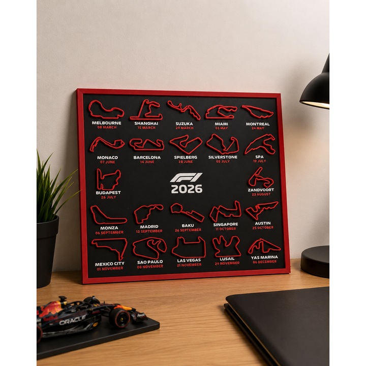 Calendar Formula 1 2026 – Tablou Decorativ cu Toate Circuitele F1 Premium