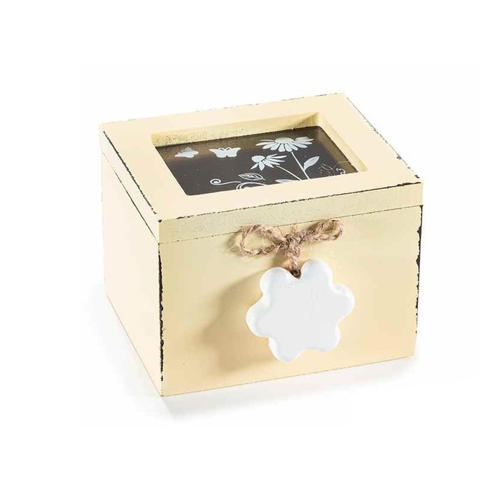 Cutie pliculete ceai sticla lemn galben alb vintage 10 x 9, 5 x 7 H