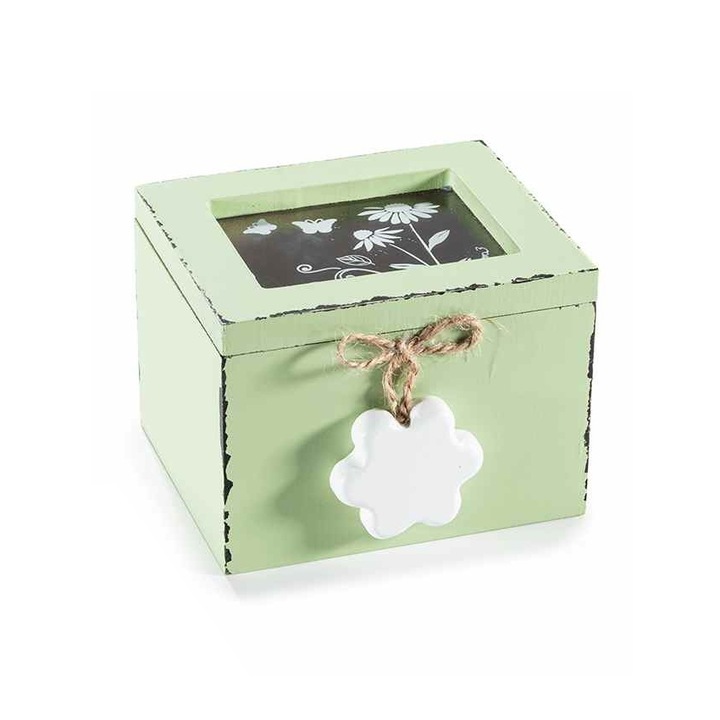 Cutie pliculete ceai sticla lemn verde alb vintage 10 x 9, 5 x 7 H