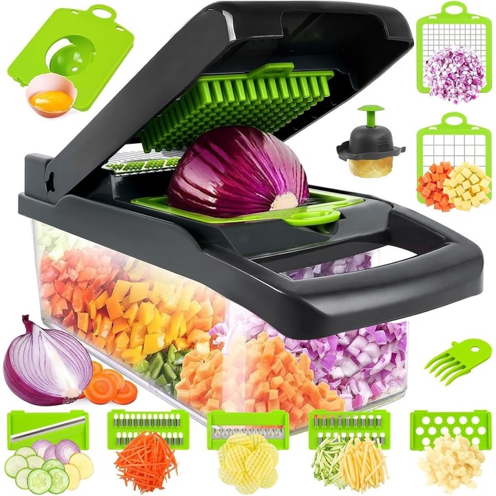 Mandolina profesionala si taietor de legume multifunctional pentru bucatarie - Feliator de legume - Toaca legume, ceapa, morcovi, castraveti, rosii - Razatoare pentru legume si branza (compacta 7 in 1 alba)