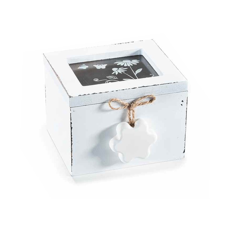 Cutie pliculete ceai sticla lemn alb vintage 10 x 9, 5 x 7 H