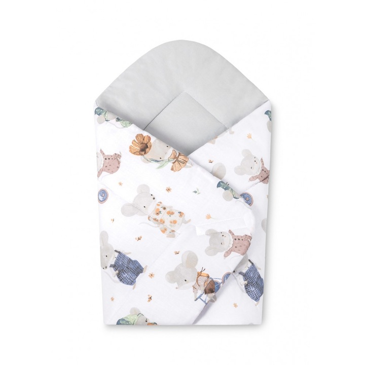 Paturica de infasat bebelusi Sensillo Mouse Grey 75x75 cm din bumbac, inchidere velcro, multifunctionala