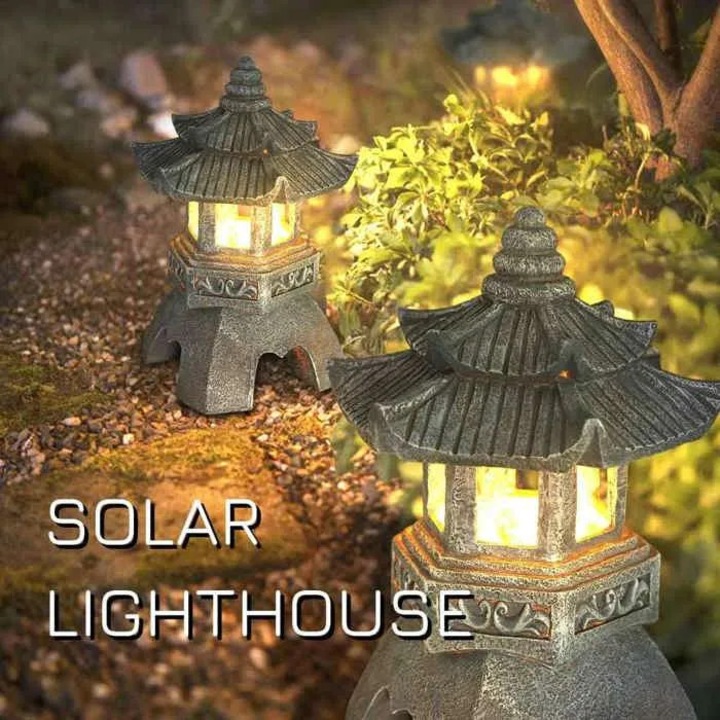 Statuie solara LED pagoda, rasina, gri, 30x15x15cm