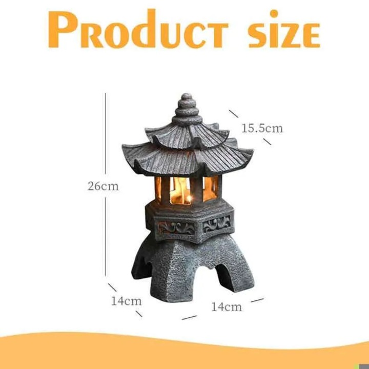 Statuie de gradina, pagoda solara, rasina, lumina LED calda, gri stone-look