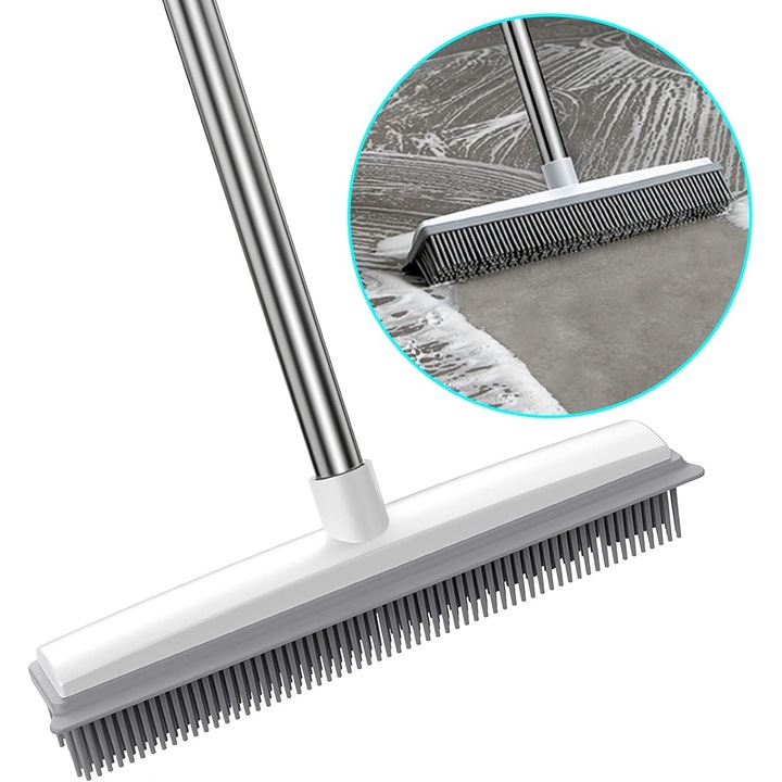 Matura de cauciuc 2 in 1 cu perie de covor cu maner lung reglabil, matura moale pentru exterior, pentru indepartarea parului de caine, pisica, covor, bucatarie, gradina, curte, curatarea geamurilor