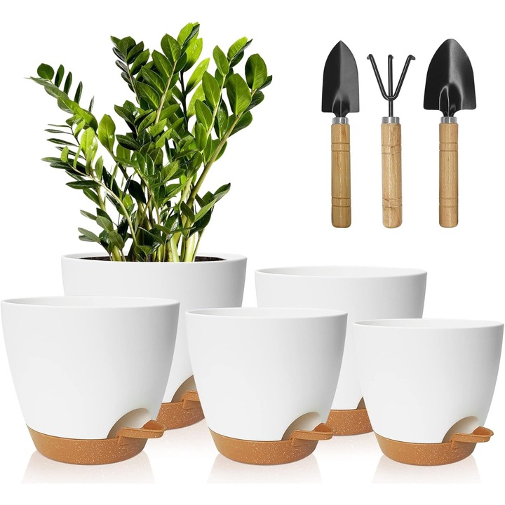5 ghivece de flori din plastic, 17, 8/16, 5/15, 2/13, 9/12, 7 cm, ghiveci/recipient din plastic cu suport pentru flori (uneltele de plantare nu sunt incluse), udare automata, potrivit pentru gradini de balcon interioare si exterioare