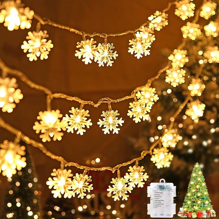Sir Luminos cu Fulgi de Nea, 6M 40 LED-uri Alimentate cu Baterii – 8 Moduri de Iluminare cu Memorie – Sir Luminos de Craciun pentru Interior si Exterior, Brad, Dormitor, Gradina, Nunta, Petrecere, Camera Copiilor [Clasa Energetica E]