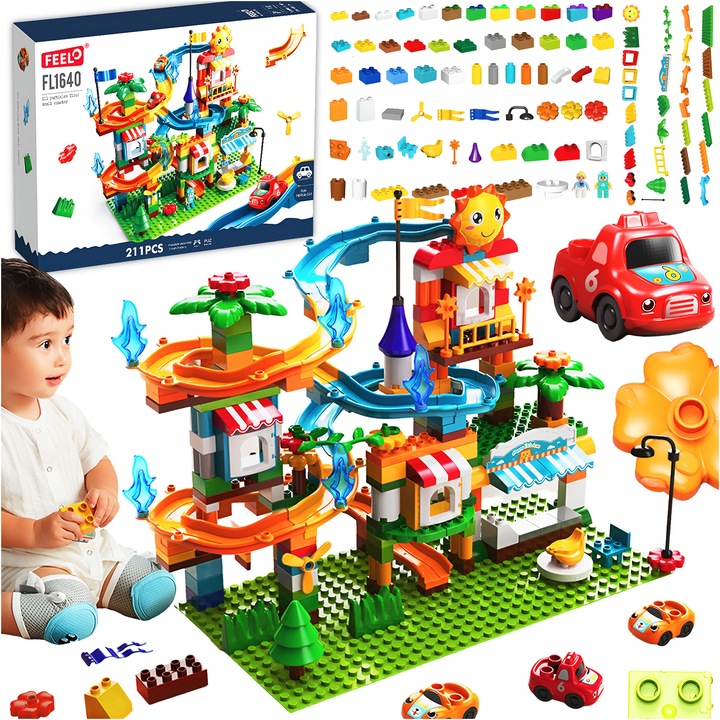 Set Constructie, Bounn, Circuit Masini, 211 Piese, Multicolor, Plastic Abs, Pista Curse Tobogan 3 Masinute Interactiva Educativa Copii 3 Ani+ Cadou Calitate Superioara Durabila