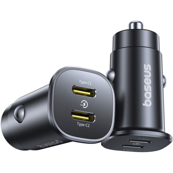 Incarcator auto Baseus GoTrip DP1 30W, 2xUSB-C, Negru