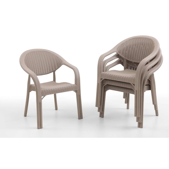 Set Masa terasa/gradina cu 4 scaune Bambu, Crem/Cappucino, 90x90x77 cm, plastic, aspect ratan