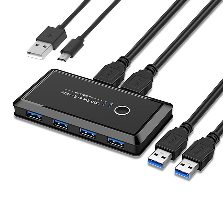 USB 3.0 kapcsoló, 2 számítógép, 4 port, fekete, kábelek mellékelve
