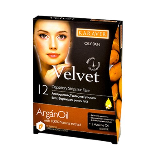 Benzi depilatoare fata, Karaver, cu ULEI ARGAN 12 buc+2 servetele