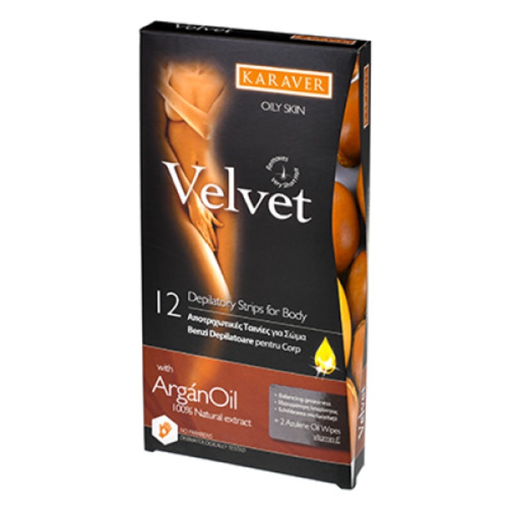 Benzi depilatoare corp, Karaver, cu ULEI ARGAN 12 buc +2 servetele