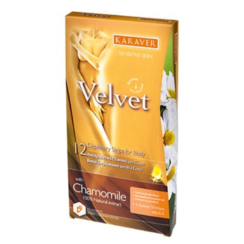 Benzi depilatoare corp, Karaver, CHAMOMIL 12 buc +2 servetele Benzi depilatoare corp, Karaver, CHAMOMIL 12 buc +2 servetele