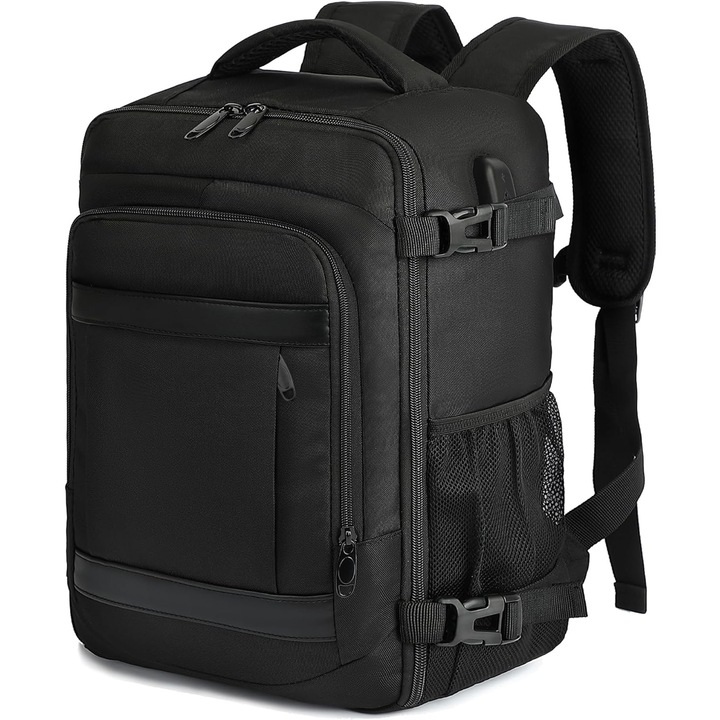 Rucsac de calatorie pentru avion, 40 x 25 x 20 cm, pentru bagaje de cabina, 24L, antifurt, pentru Ryanair, EasyJet, Eurowings, femei, barbati, negru