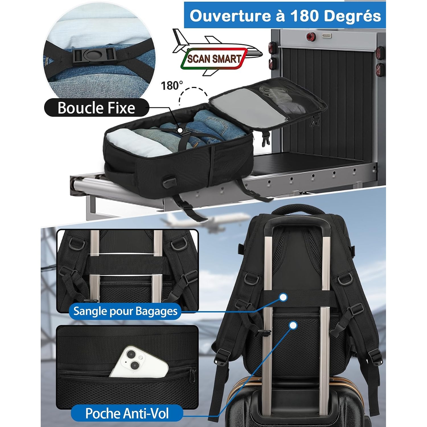 Rucsac de calatorie pentru avion, 40 x 25 x 20 cm, pentru bagaje de cabina, 24L, antifurt, pentru Ryanair, EasyJet, Eurowings, femei, barbati, negru