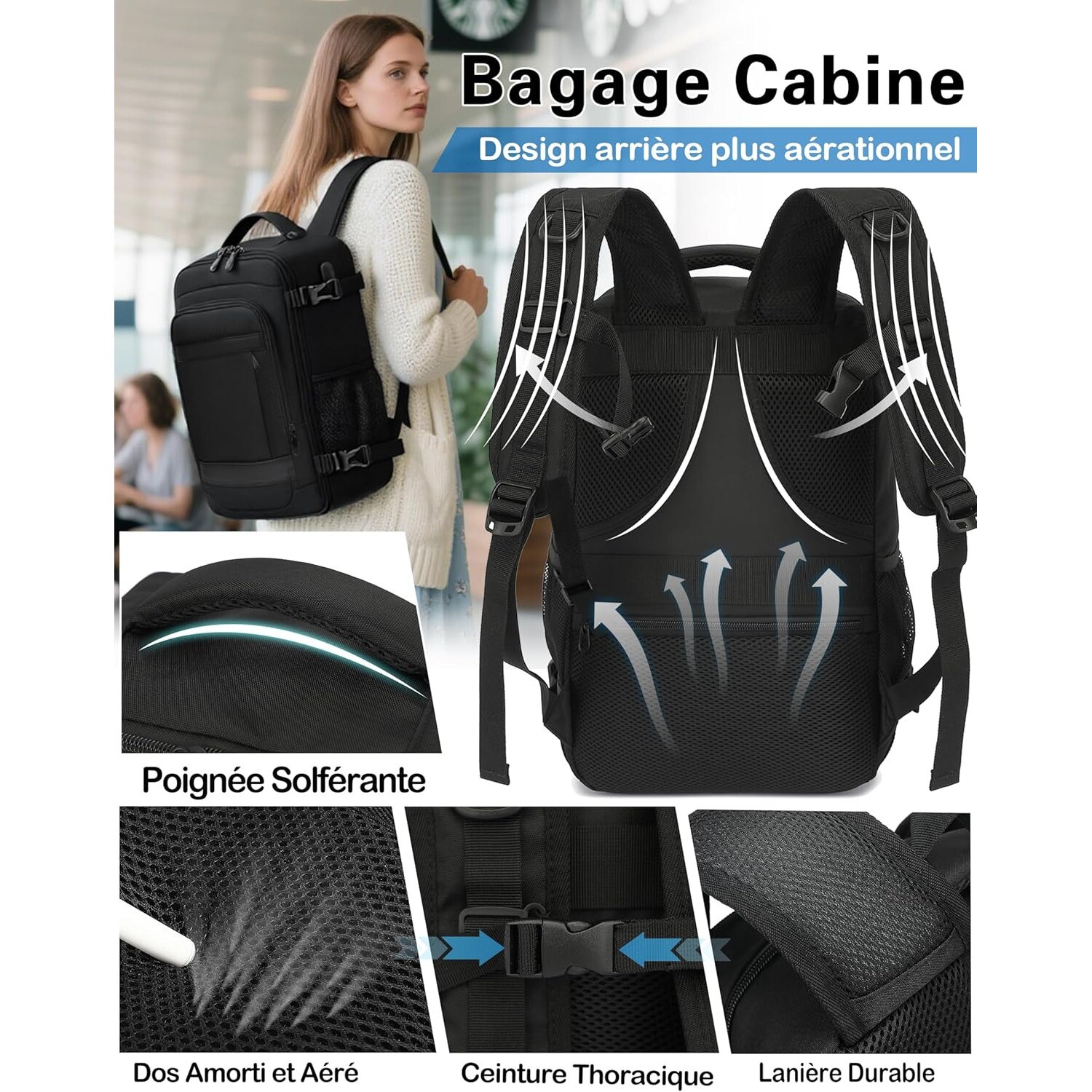 Rucsac de calatorie pentru avion, 40 x 25 x 20 cm, pentru bagaje de cabina, 24L, antifurt, pentru Ryanair, EasyJet, Eurowings, femei, barbati, negru