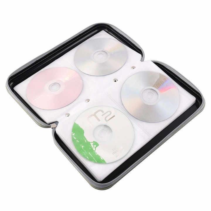 CD/DVD rendszerező tok, 80 lemez kapacitás, cipzárral, műanyag + PP fólia és nem szőtt anyag, szürke, 28.5 x 15.5 x 4.8 cm