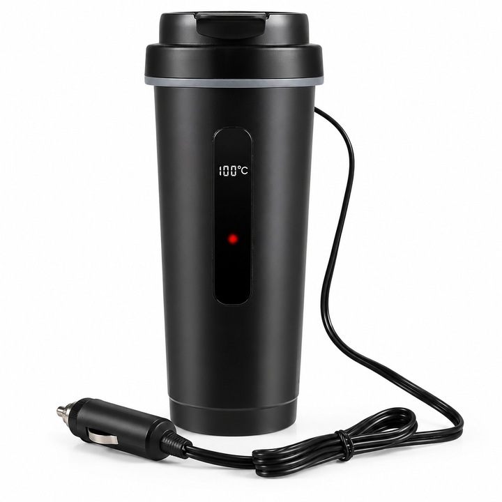 Cana Electrica Auto 12V/24V, 500ml, fierbator pentru masina si camion, incalzire apa pana la 100°C, functie mentinere calda, display digital, control temperatura, interior inox SUS316, capac anti-scurgere, protectie fara apa, cablu bricheta auto, negru
