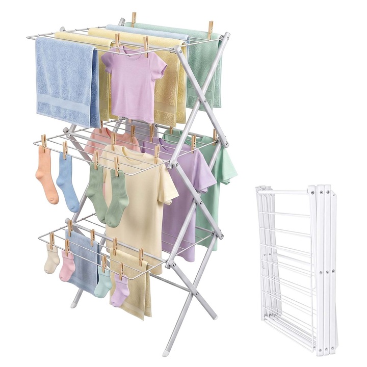 Uscator rufe pliabil Relaxdays 3 niveluri alb 115x53.5x52cm