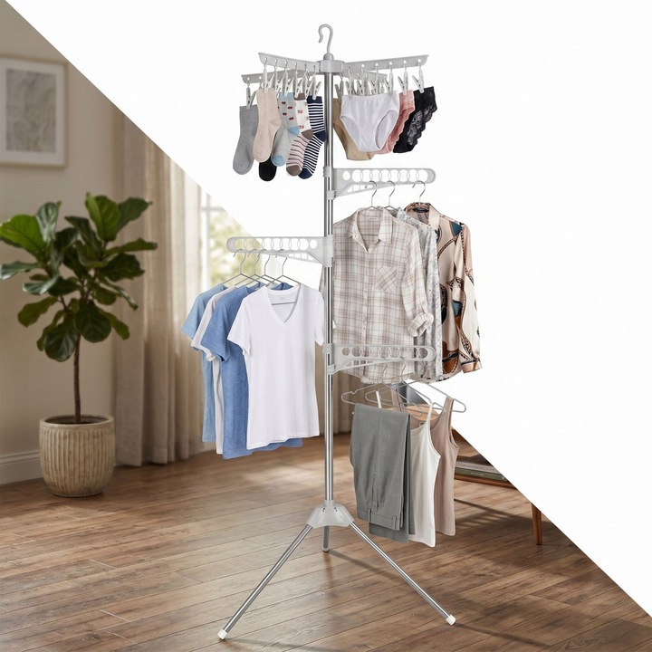 Uscator rufe Relaxdays, 27 haine, 4 brate cu cleme, argintiu-alb, 170x59x59cm