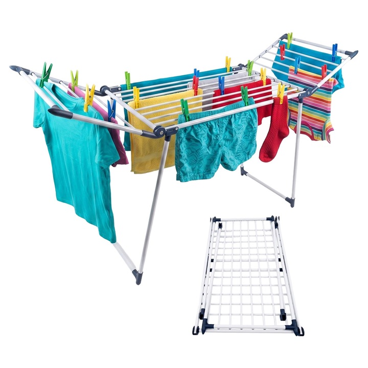 Uscator rufe Relaxdays pliabil cu aripi, alb-albastru, 103x174x57cm