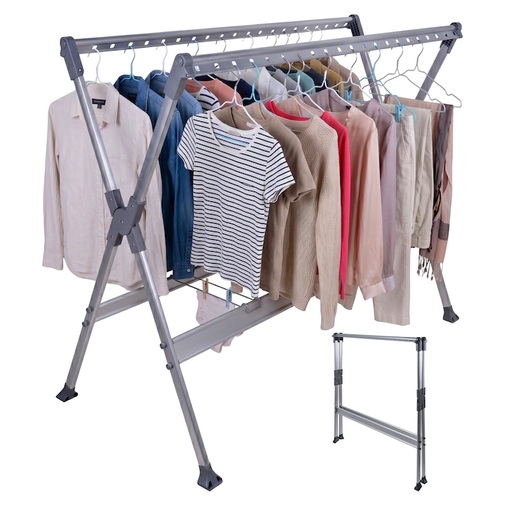 Uscator rufe Relaxdays telescopic, aluminiu, argintiu, 126.5x150-250x76cm