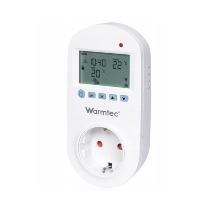 Warmtec GRT-01 programozható Wi-Fi termosztát konnektorba, fehér, 6,7x13,5x7,8cm