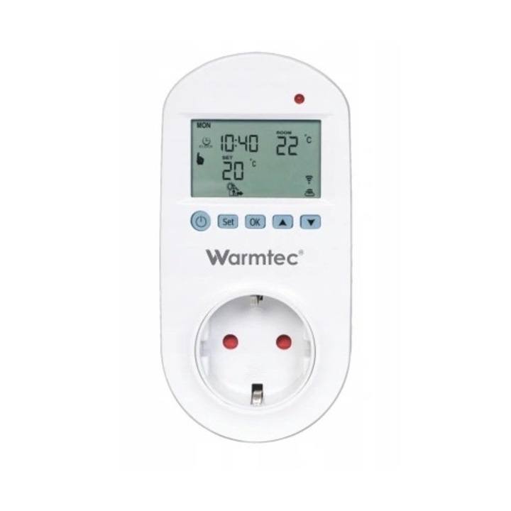 Warmtec GRT-01 programozható Wi-Fi termosztát konnektorba, fehér, 6,7x13,5x7,8cm