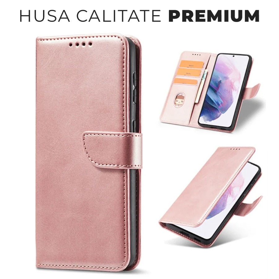 Husa pentru Samsung Galaxy S25 5G Daden® Wallet Flip Leather, Tip Carte, Antisoc, Inchidere magnetica, Buzunar card, Calitate Premium, Auriu rose