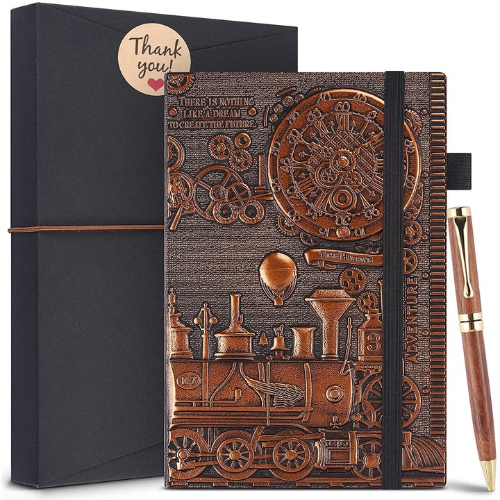 Carnet din piele ZYBLSSBB LSM2xh1082-BCS0332659, embosat cu tren, pagini liniate, A5, 200 pagini, rosu-bronz, include stilou si cutie cadou