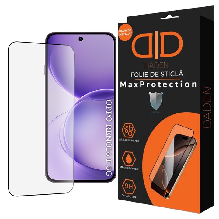 Folie sticla Oppo Reno 16 F / Reno 16 FS DaDen, 9H, Full Cover, Full Glue, Antisoc, HD Clear, Antiamprenta, Compatibila amprenta, Instalare usoara