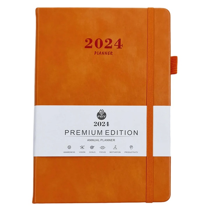 Planner 2024 YANYXR BCS3196091, saptamanal si lunar, coperta PU flexibila cu elastic si suport pix, portocaliu, 14.4 x 21.4 cm